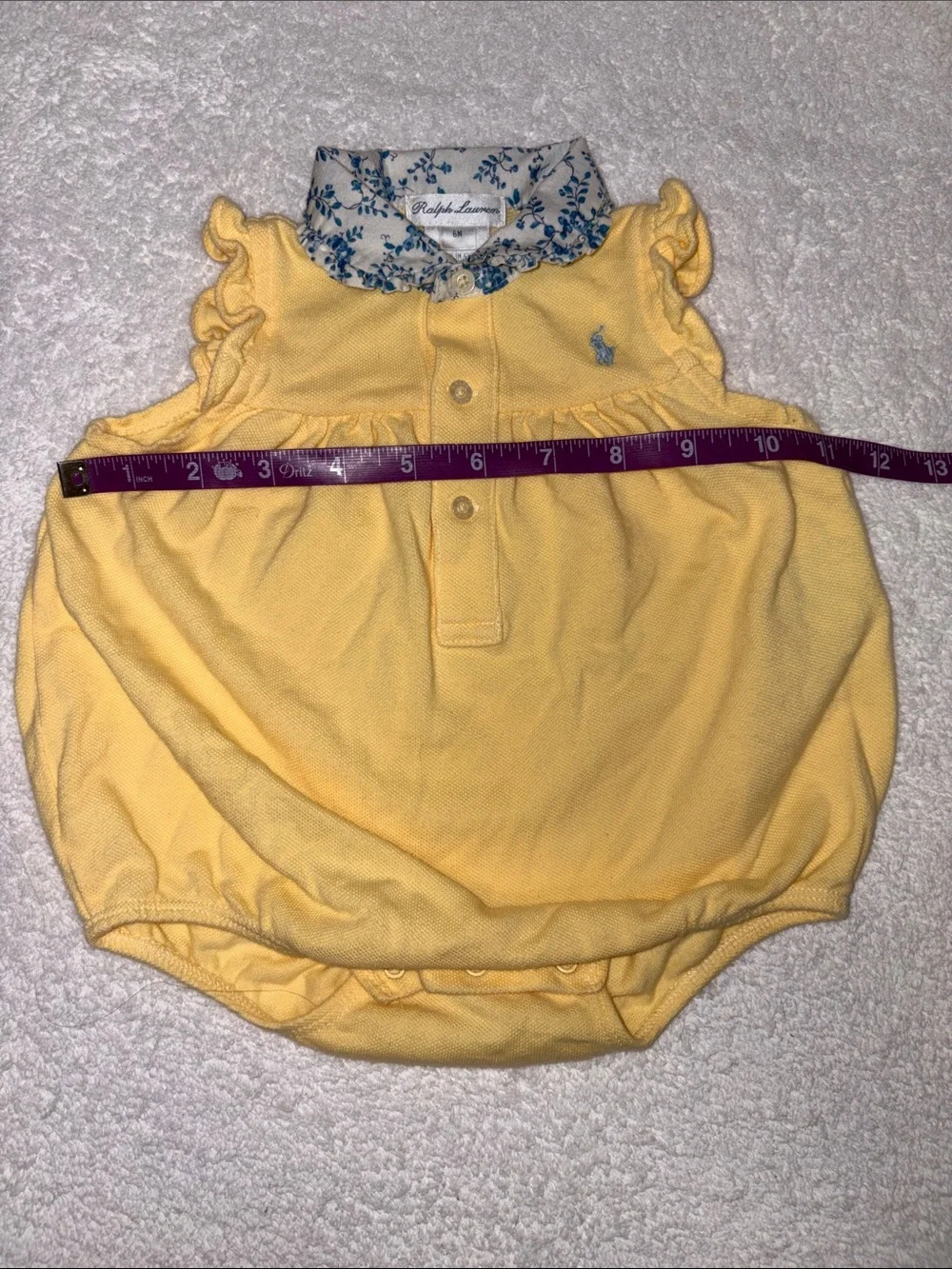 Ralph Lauren Yellow Baby Polo Romper with Floral Collar bubble 6m